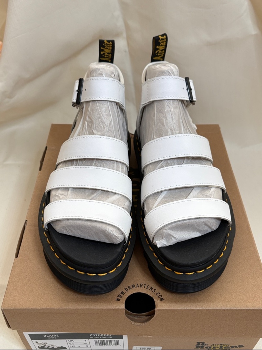 Dr. Martens • White Platform Leather Gladiator Sandals w/ Black Soles • Womens 9